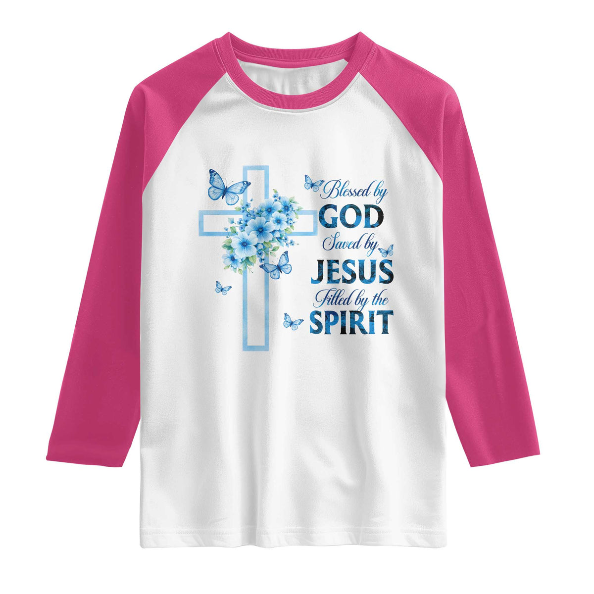Christian Jesus Raglan Shirt Blessed By God Saved By Jesus Blue Floral Cross Butterfly Art TS10 White Heliconia Print Your Wear
