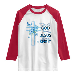 Christian Jesus Raglan Shirt Blessed By God Saved By Jesus Blue Floral Cross Butterfly Art TS10 White Red Print Your Wear