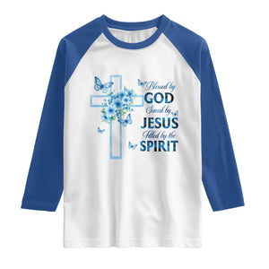 Christian Jesus Raglan Shirt Blessed By God Saved By Jesus Blue Floral Cross Butterfly Art TS10 White Royal Print Your Wear
