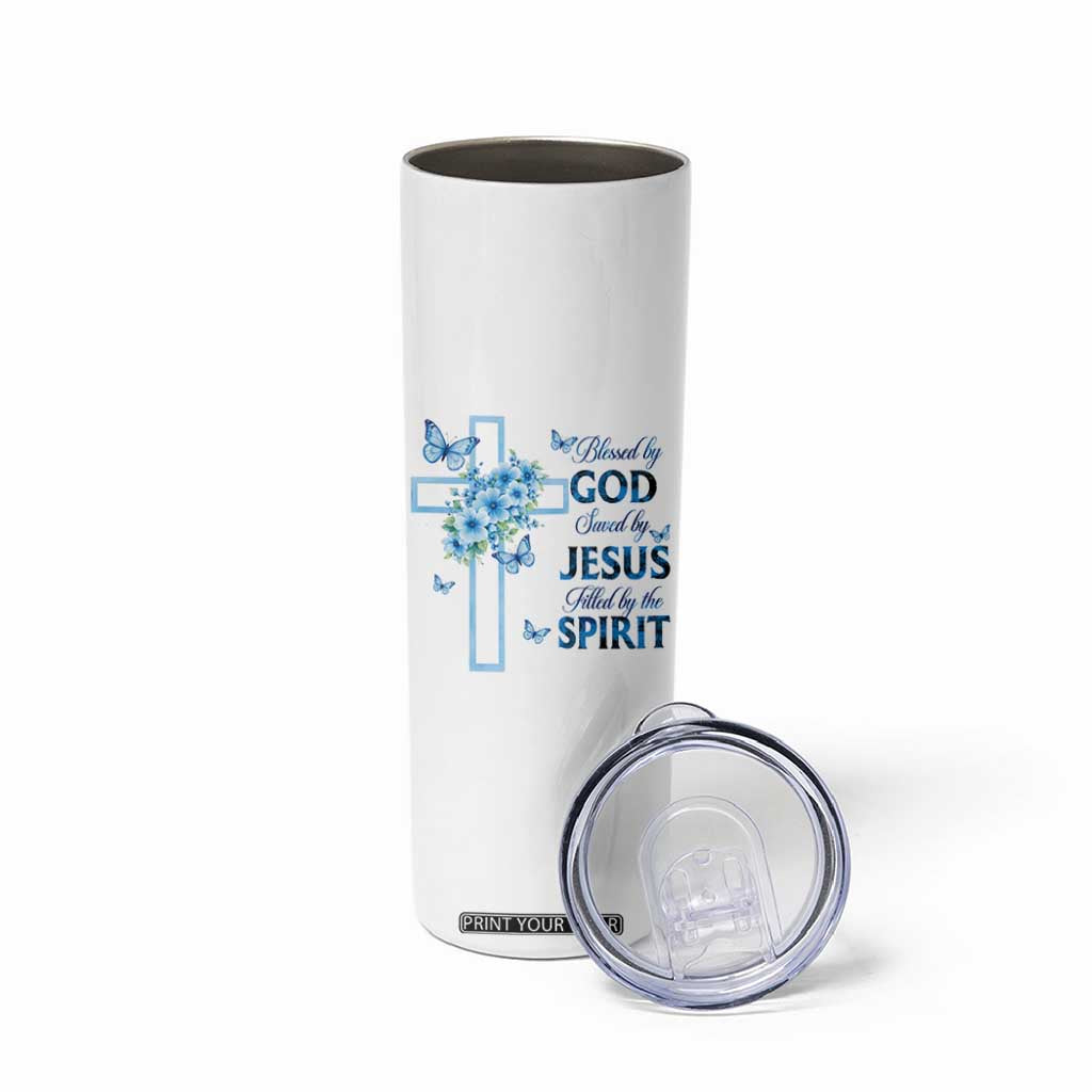 Christian Jesus Skinny Tumbler Blessed By God Saved By Jesus Blue Floral Cross Butterfly Art TS10 Print Your Wear
