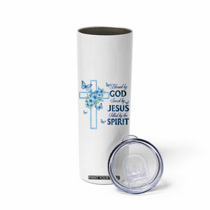 Christian Jesus Skinny Tumbler Blessed By God Saved By Jesus Blue Floral Cross Butterfly Art TS10 Print Your Wear