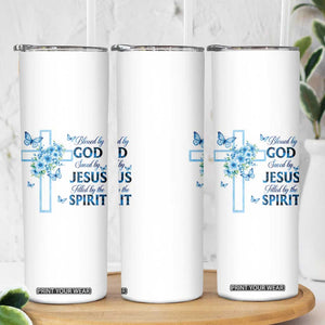 Christian Jesus Skinny Tumbler Blessed By God Saved By Jesus Blue Floral Cross Butterfly Art TS10 Print Your Wear