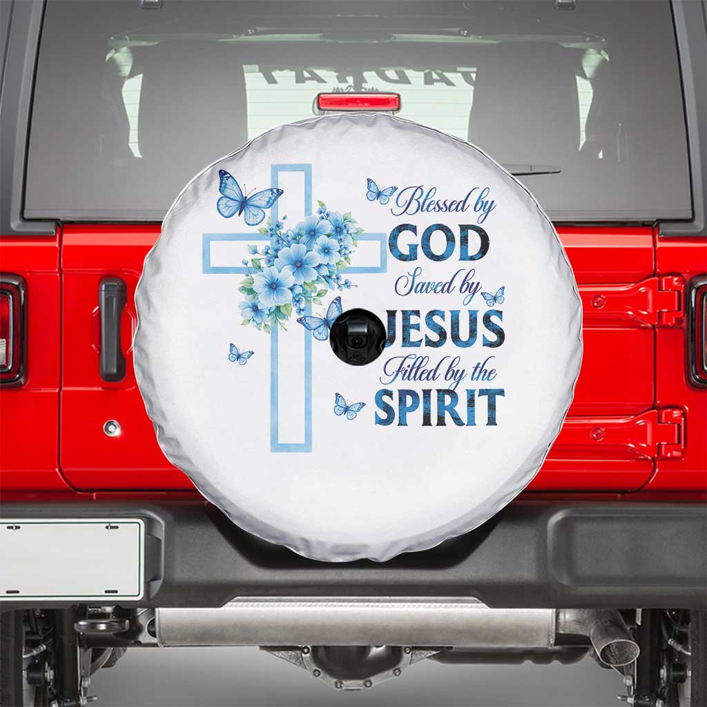 Christian Jesus Spare Tire Cover Blessed By God Saved By Jesus Blue Floral Cross Butterfly Art TS10 White Print Your Wear