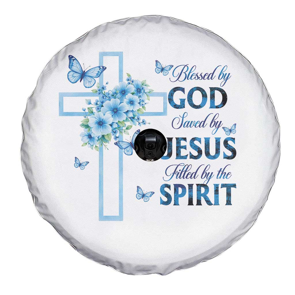 Christian Jesus Spare Tire Cover Blessed By God Saved By Jesus Blue Floral Cross Butterfly Art TS10 Print Your Wear