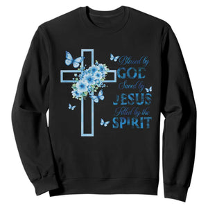 Christian Jesus Sweatshirt Blessed By God Saved By Jesus Blue Floral Cross Butterfly Art TS10 Black Print Your Wear