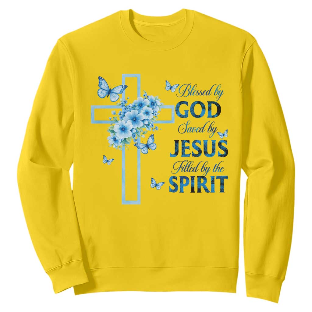 Christian Jesus Sweatshirt Blessed By God Saved By Jesus Blue Floral Cross Butterfly Art TS10 Daisy Print Your Wear