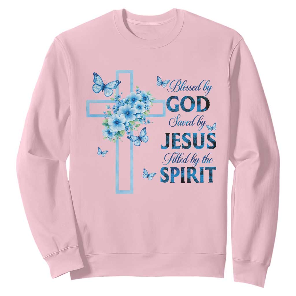 Christian Jesus Sweatshirt Blessed By God Saved By Jesus Blue Floral Cross Butterfly Art TS10 Light Pink Print Your Wear