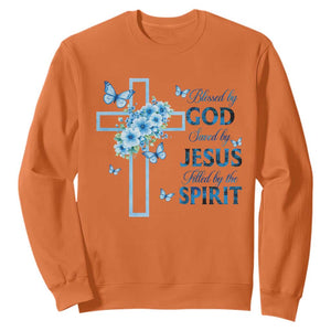 Christian Jesus Sweatshirt Blessed By God Saved By Jesus Blue Floral Cross Butterfly Art TS10 Orange Print Your Wear
