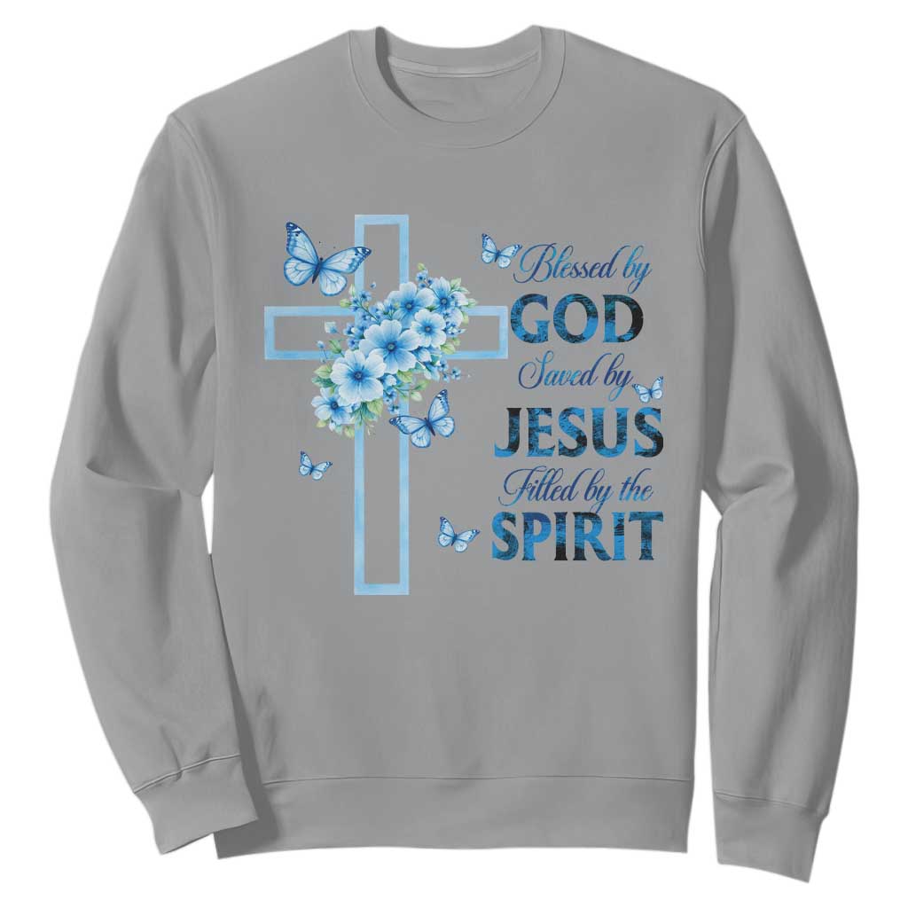 Christian Jesus Sweatshirt Blessed By God Saved By Jesus Blue Floral Cross Butterfly Art TS10 Sport Gray Print Your Wear