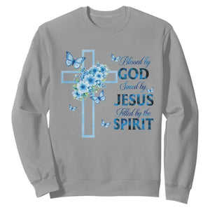 Christian Jesus Sweatshirt Blessed By God Saved By Jesus Blue Floral Cross Butterfly Art TS10 Sport Gray Print Your Wear