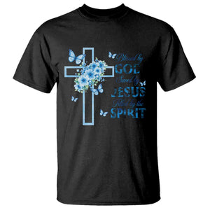 Christian Jesus T Shirt Blessed By God Saved By Jesus Blue Floral Cross Butterfly Art TS10 Black Print Your Wear