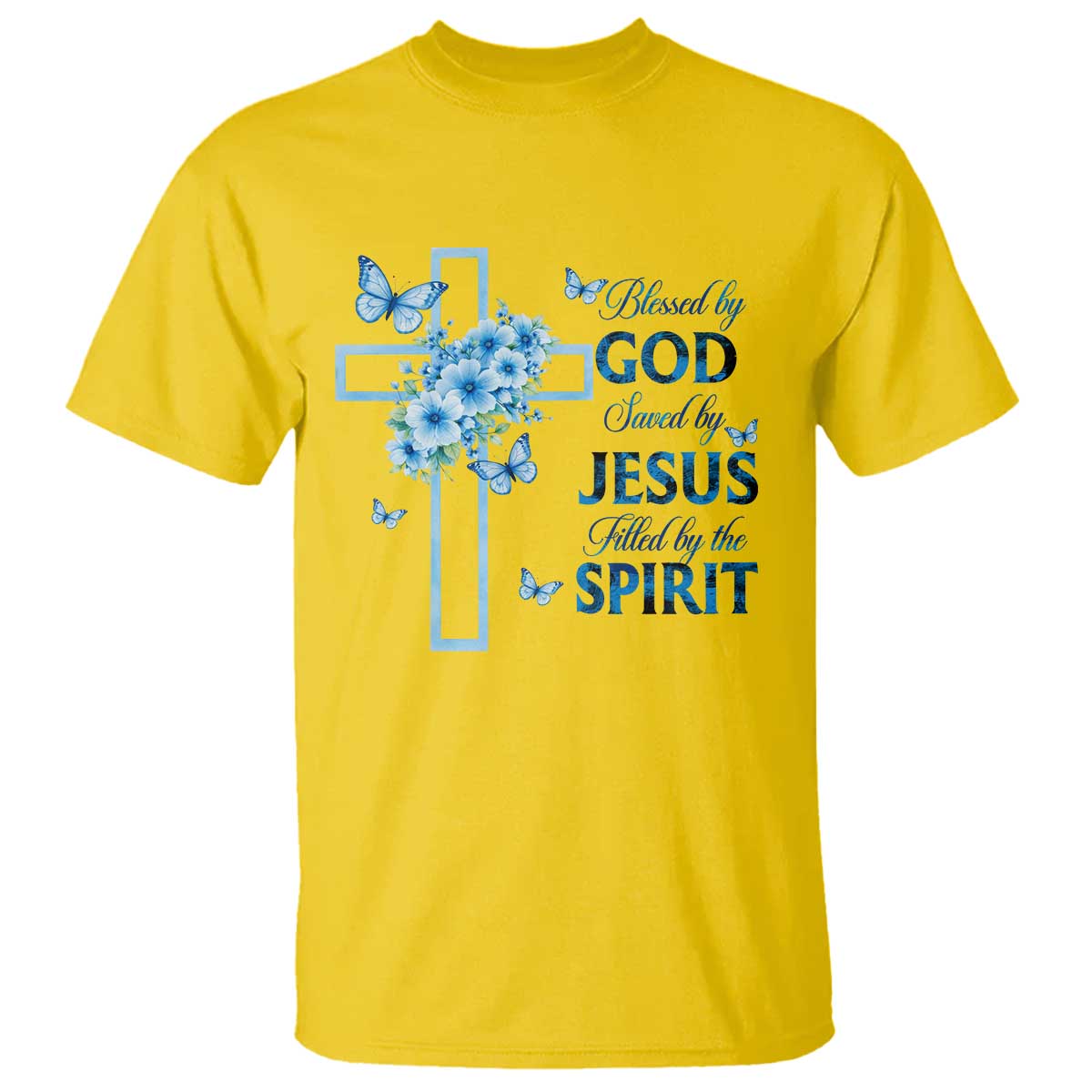 Christian Jesus T Shirt Blessed By God Saved By Jesus Blue Floral Cross Butterfly Art TS10 Daisy Print Your Wear