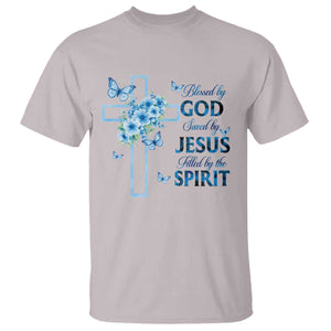 Christian Jesus T Shirt Blessed By God Saved By Jesus Blue Floral Cross Butterfly Art TS10 Ice Gray Print Your Wear