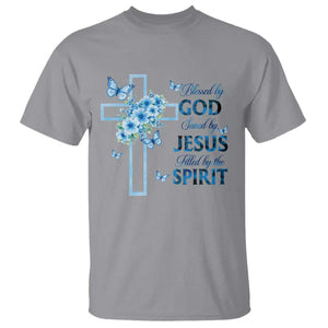 Christian Jesus T Shirt Blessed By God Saved By Jesus Blue Floral Cross Butterfly Art TS10 Sport Gray Print Your Wear