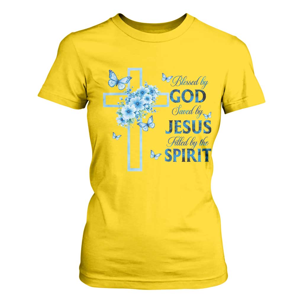 Christian Jesus T Shirt For Women Blessed By God Saved By Jesus Blue Floral Cross Butterfly Art TS10 Daisy Print Your Wear
