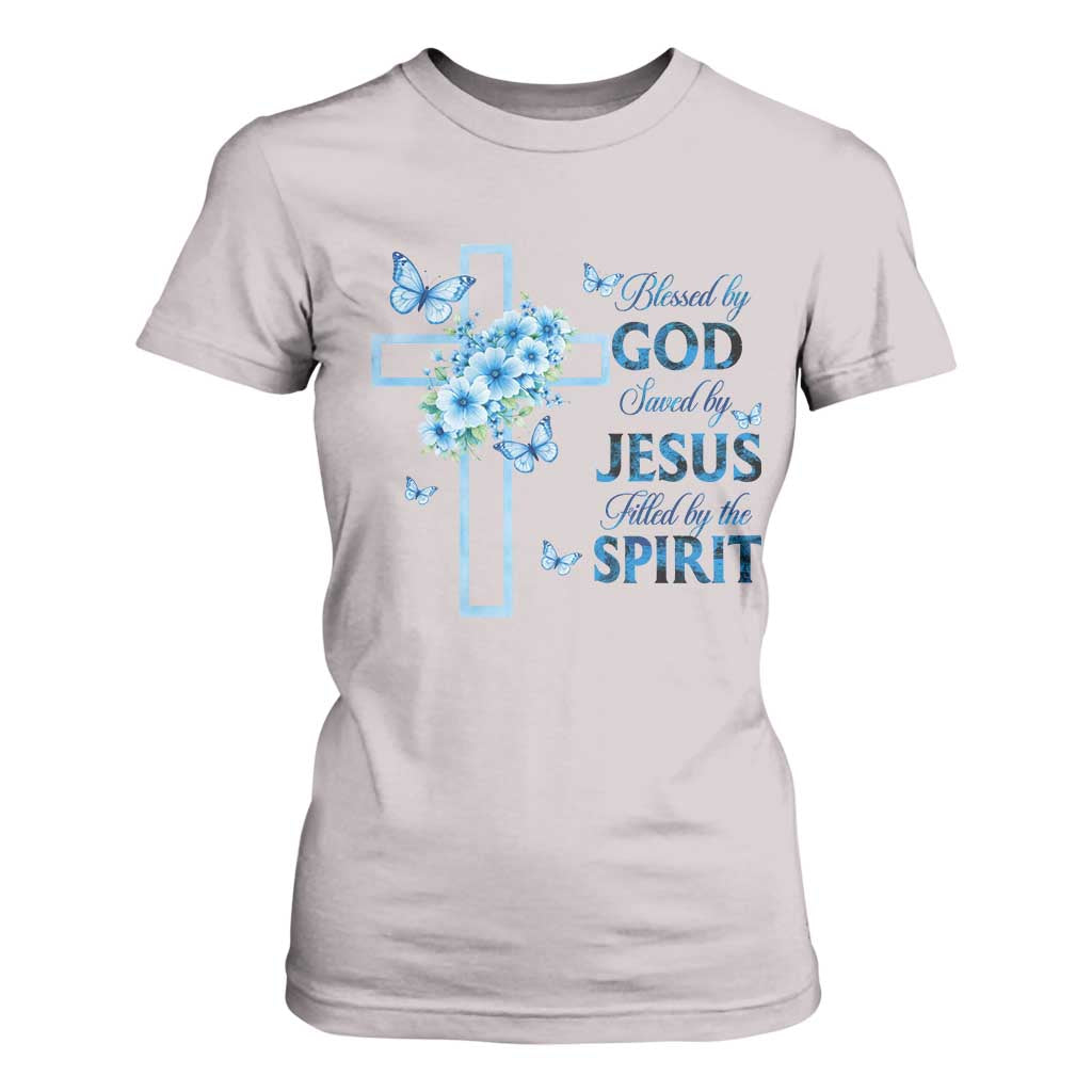 Christian Jesus T Shirt For Women Blessed By God Saved By Jesus Blue Floral Cross Butterfly Art TS10 Ice Gray Print Your Wear