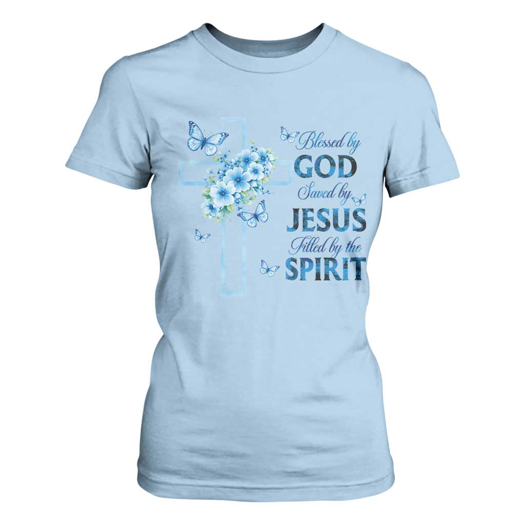 Christian Jesus T Shirt For Women Blessed By God Saved By Jesus Blue Floral Cross Butterfly Art TS10 Light Blue Print Your Wear