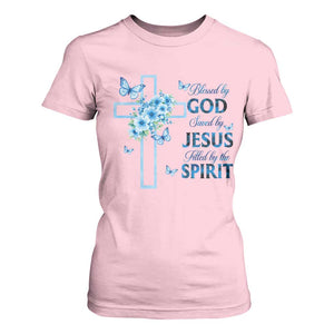 Christian Jesus T Shirt For Women Blessed By God Saved By Jesus Blue Floral Cross Butterfly Art TS10 Light Pink Print Your Wear