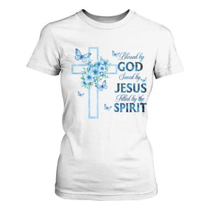 Christian Jesus T Shirt For Women Blessed By God Saved By Jesus Blue Floral Cross Butterfly Art TS10 White Print Your Wear