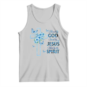 Christian Jesus Tank Top Blessed By God Saved By Jesus Blue Floral Cross Butterfly Art TS10 Ash Print Your Wear