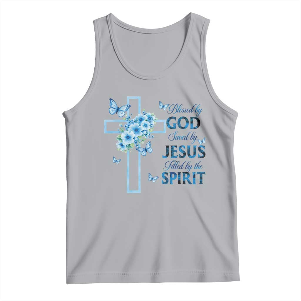 Christian Jesus Tank Top Blessed By God Saved By Jesus Blue Floral Cross Butterfly Art TS10 Athletic Heather Print Your Wear