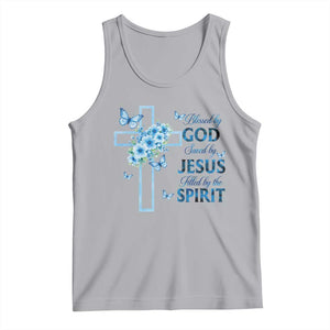 Christian Jesus Tank Top Blessed By God Saved By Jesus Blue Floral Cross Butterfly Art TS10 Athletic Heather Print Your Wear