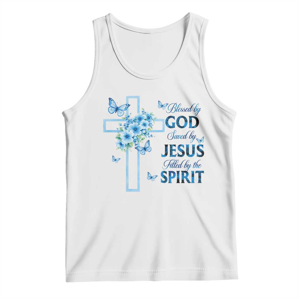 Christian Jesus Tank Top Blessed By God Saved By Jesus Blue Floral Cross Butterfly Art TS10 White Print Your Wear