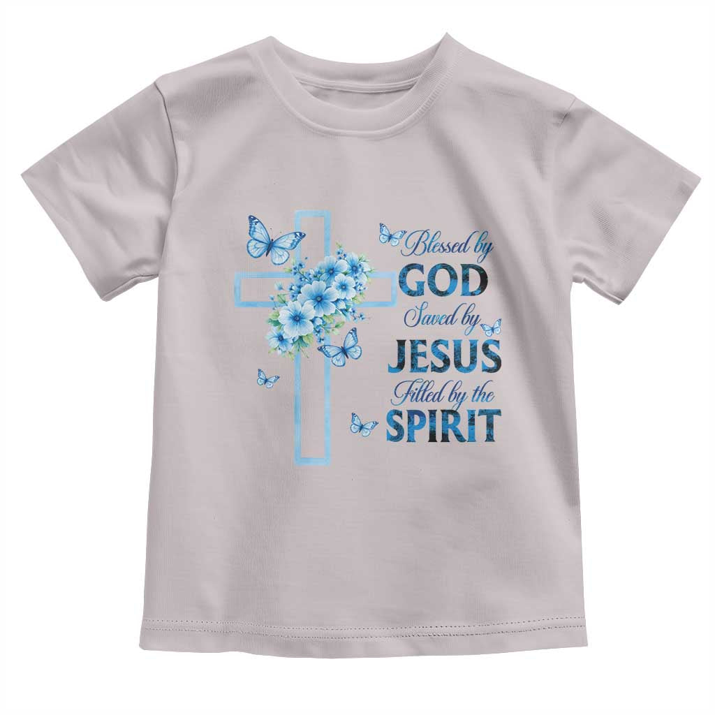 Christian Jesus Toddler T Shirt Blessed By God Saved By Jesus Blue Floral Cross Butterfly Art TS10 Ice Gray Print Your Wear