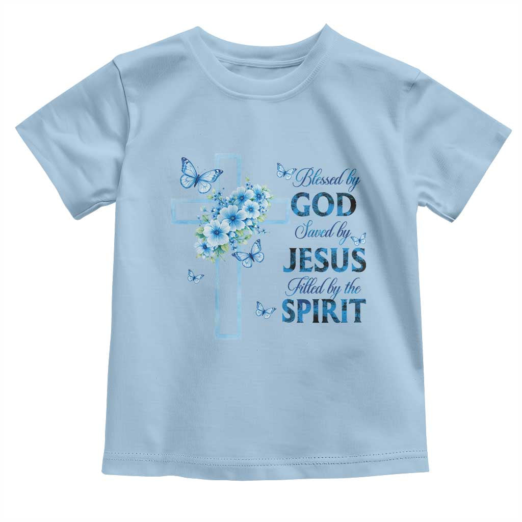 Christian Jesus Toddler T Shirt Blessed By God Saved By Jesus Blue Floral Cross Butterfly Art TS10 Light Blue Print Your Wear