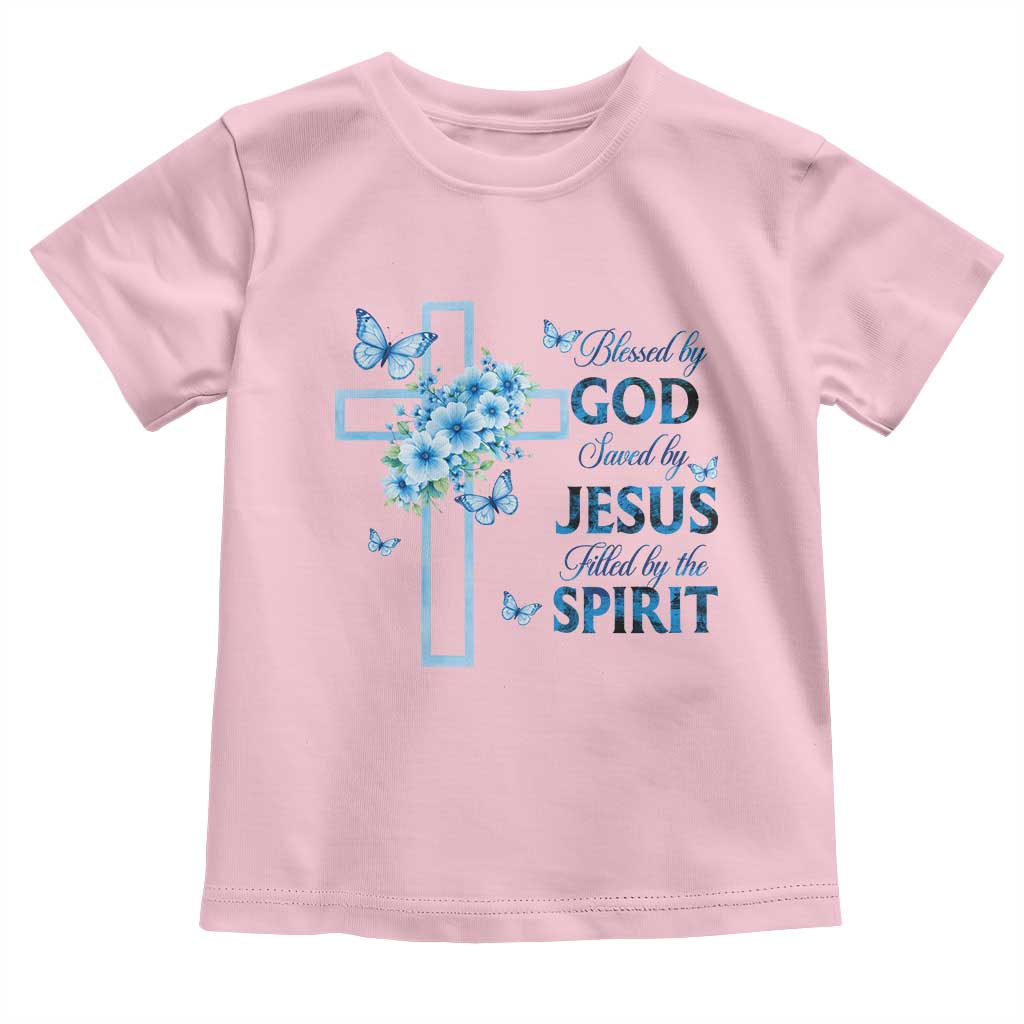 Christian Jesus Toddler T Shirt Blessed By God Saved By Jesus Blue Floral Cross Butterfly Art TS10 Light Pink Print Your Wear