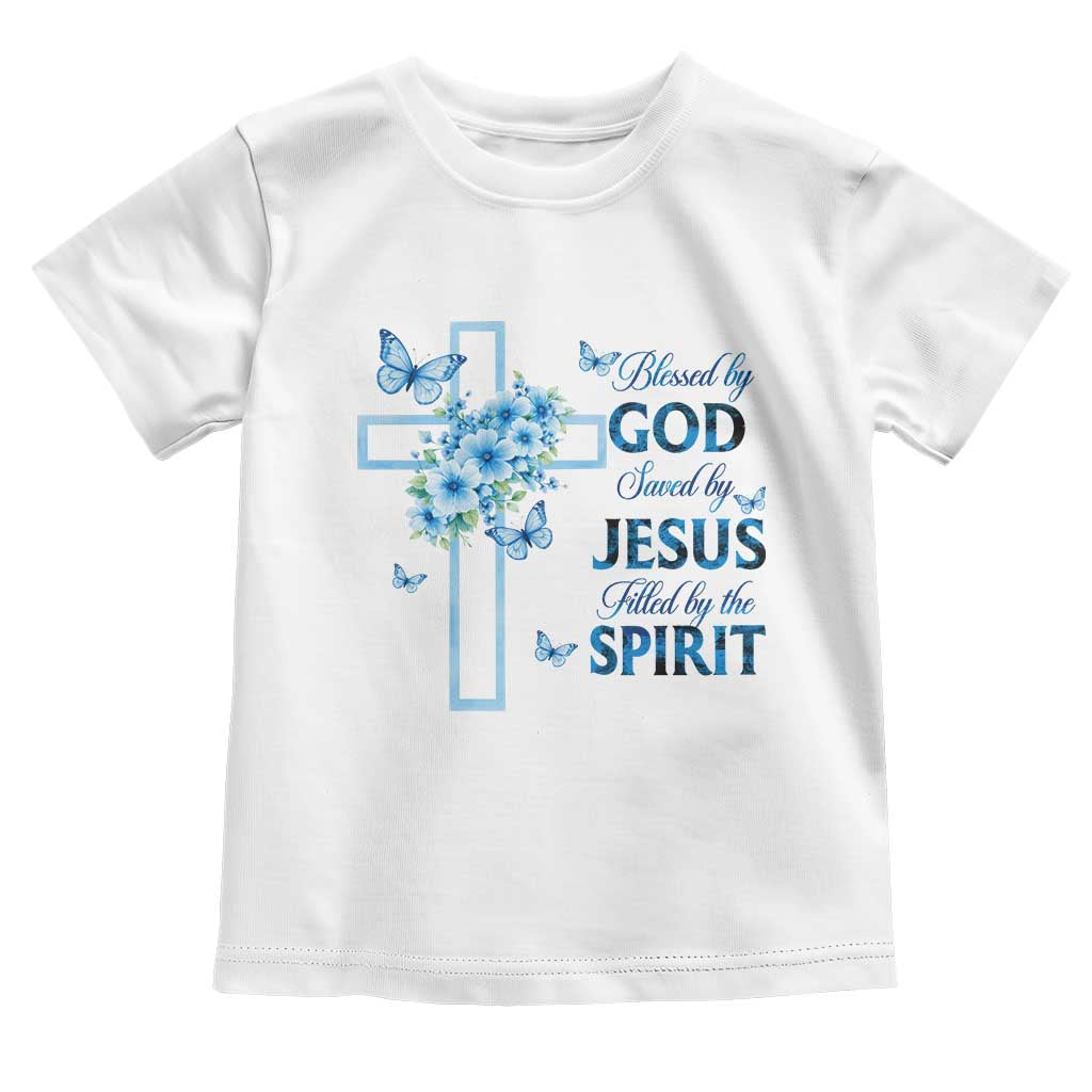Christian Jesus Toddler T Shirt Blessed By God Saved By Jesus Blue Floral Cross Butterfly Art TS10 White Print Your Wear