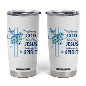 Christian Jesus Tumbler Cup Blessed By God Saved By Jesus Blue Floral Cross Butterfly Art TS10 White Print Your Wear