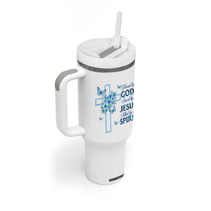 Christian Jesus Tumbler With Handle Blessed By God Saved By Jesus Blue Floral Cross Butterfly Art TS10 Print Your Wear