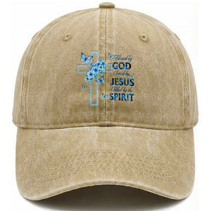 Christian Jesus Washed Cotton Baseball Cap Blessed By God Saved By Jesus Blue Floral Cross Butterfly Art TS10 Print Your Wear