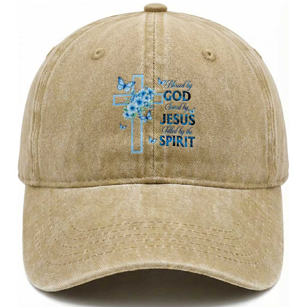 Christian Jesus Washed Cotton Baseball Cap Blessed By God Saved By Jesus Blue Floral Cross Butterfly Art TS10 Print Your Wear