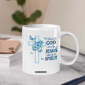 Christian Jesus Coffee Mug Blessed By God Saved By Jesus Blue Floral Cross Butterfly Art TS10 Print Your Wear