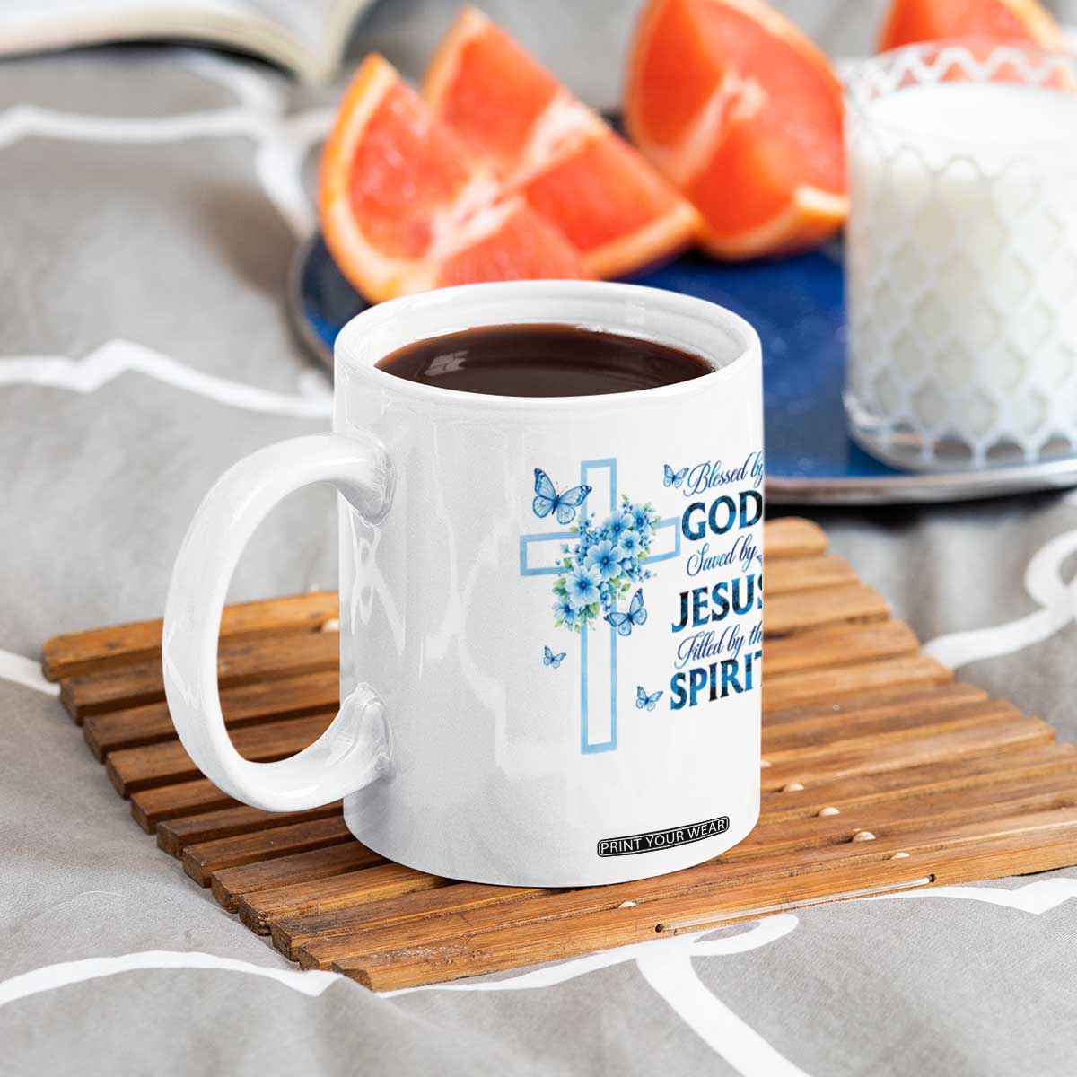 Christian Jesus Coffee Mug Blessed By God Saved By Jesus Blue Floral Cross Butterfly Art TS10 Print Your Wear