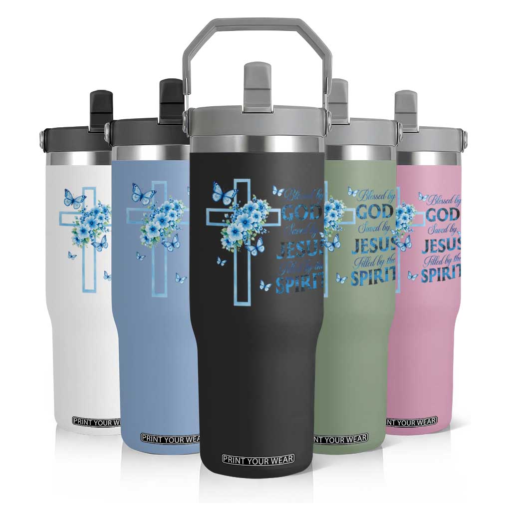 Christian Jesus Flip Straw Tumbler Blessed By God Saved By Jesus Blue Floral Cross Butterfly Art TS10 Print Your Wear