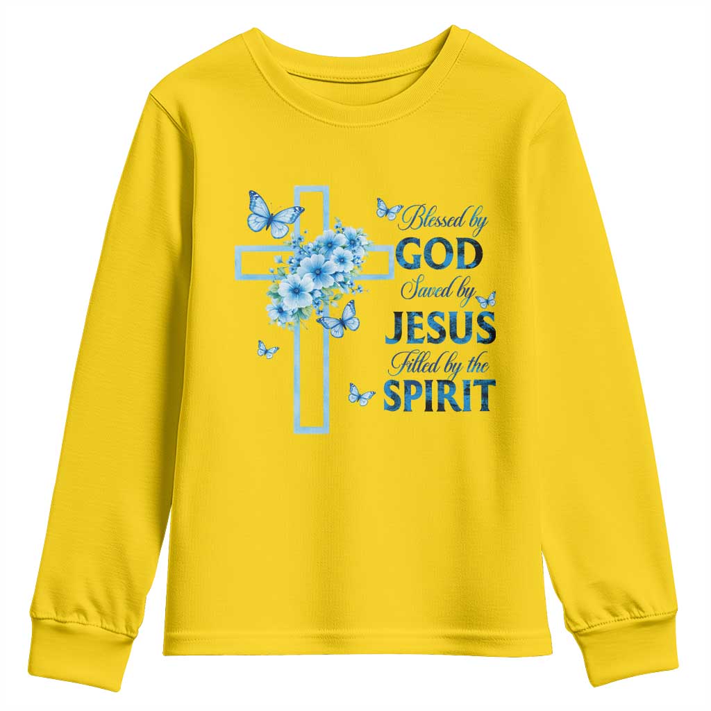 Christian Jesus Youth Sweatshirt Blessed By God Saved By Jesus Blue Floral Cross Butterfly Art TS10 Daisy Print Your Wear