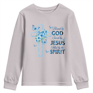 Christian Jesus Youth Sweatshirt Blessed By God Saved By Jesus Blue Floral Cross Butterfly Art TS10 Ice Gray Print Your Wear