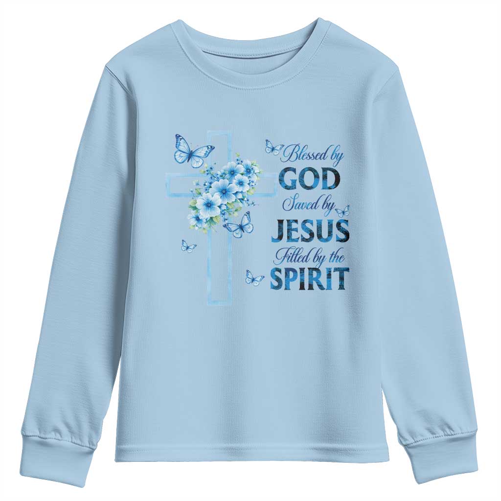 Christian Jesus Youth Sweatshirt Blessed By God Saved By Jesus Blue Floral Cross Butterfly Art TS10 Light Blue Print Your Wear