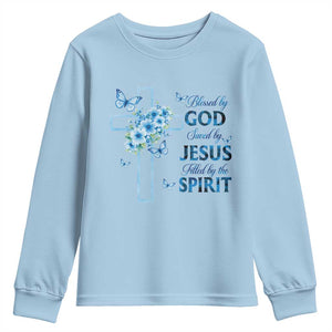 Christian Jesus Youth Sweatshirt Blessed By God Saved By Jesus Blue Floral Cross Butterfly Art TS10 Light Blue Print Your Wear
