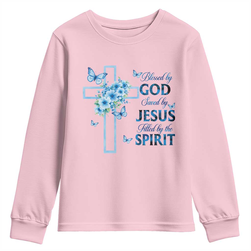 Christian Jesus Youth Sweatshirt Blessed By God Saved By Jesus Blue Floral Cross Butterfly Art TS10 Light Pink Print Your Wear