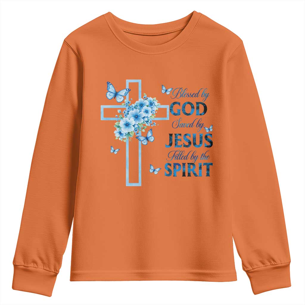 Christian Jesus Youth Sweatshirt Blessed By God Saved By Jesus Blue Floral Cross Butterfly Art TS10 Orange Print Your Wear