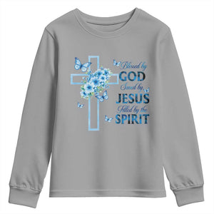 Christian Jesus Youth Sweatshirt Blessed By God Saved By Jesus Blue Floral Cross Butterfly Art TS10 Sport Gray Print Your Wear