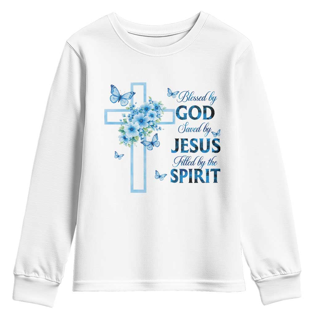 Christian Jesus Youth Sweatshirt Blessed By God Saved By Jesus Blue Floral Cross Butterfly Art TS10 White Print Your Wear