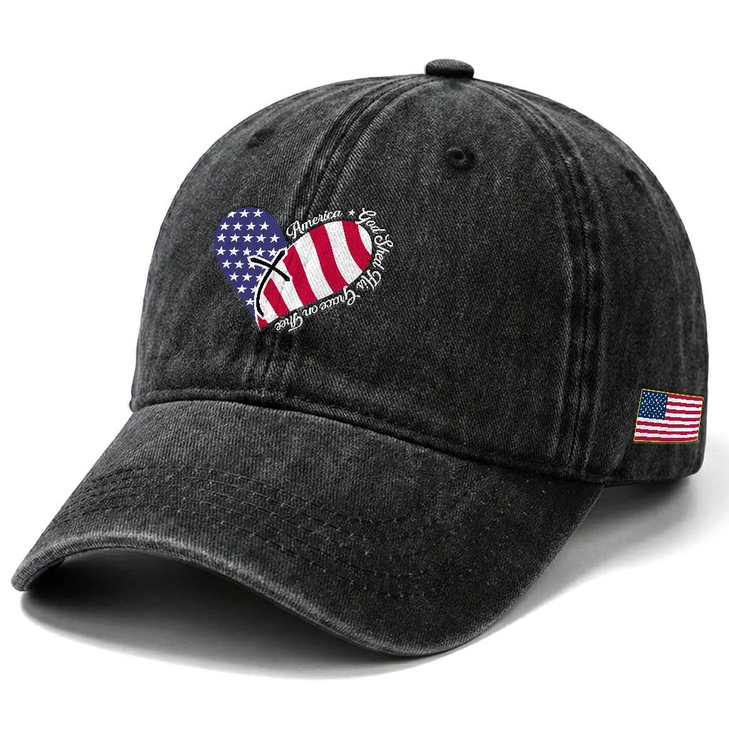 America God Shed His Grace on Thee 4th of July Washed Cotton Baseball Cap Patriotic American Flag Cross TS10 Print Your Wear