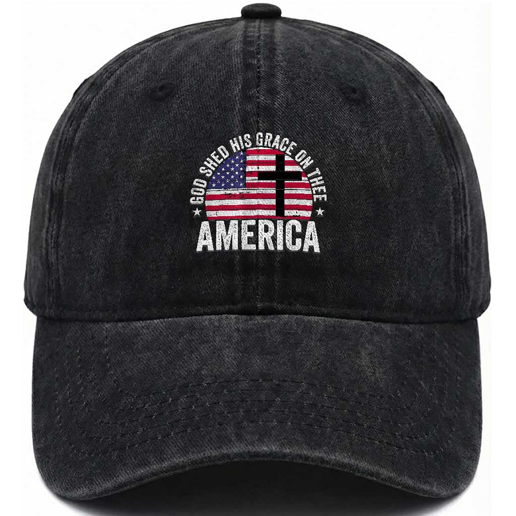 God Shed His Grace On Thee Washed Cotton Baseball Cap Vintage Patriotic Christian USA Flag Cross TS10 Washed Cap Universal Fit Black Print Your Wear