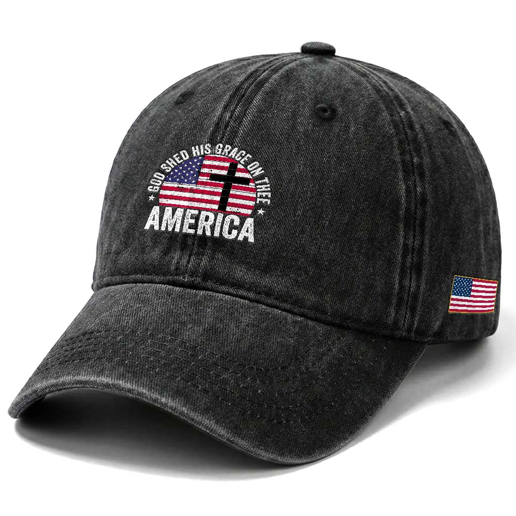God Shed His Grace On Thee Washed Cotton Baseball Cap Vintage Patriotic Christian USA Flag Cross TS10 Print Your Wear