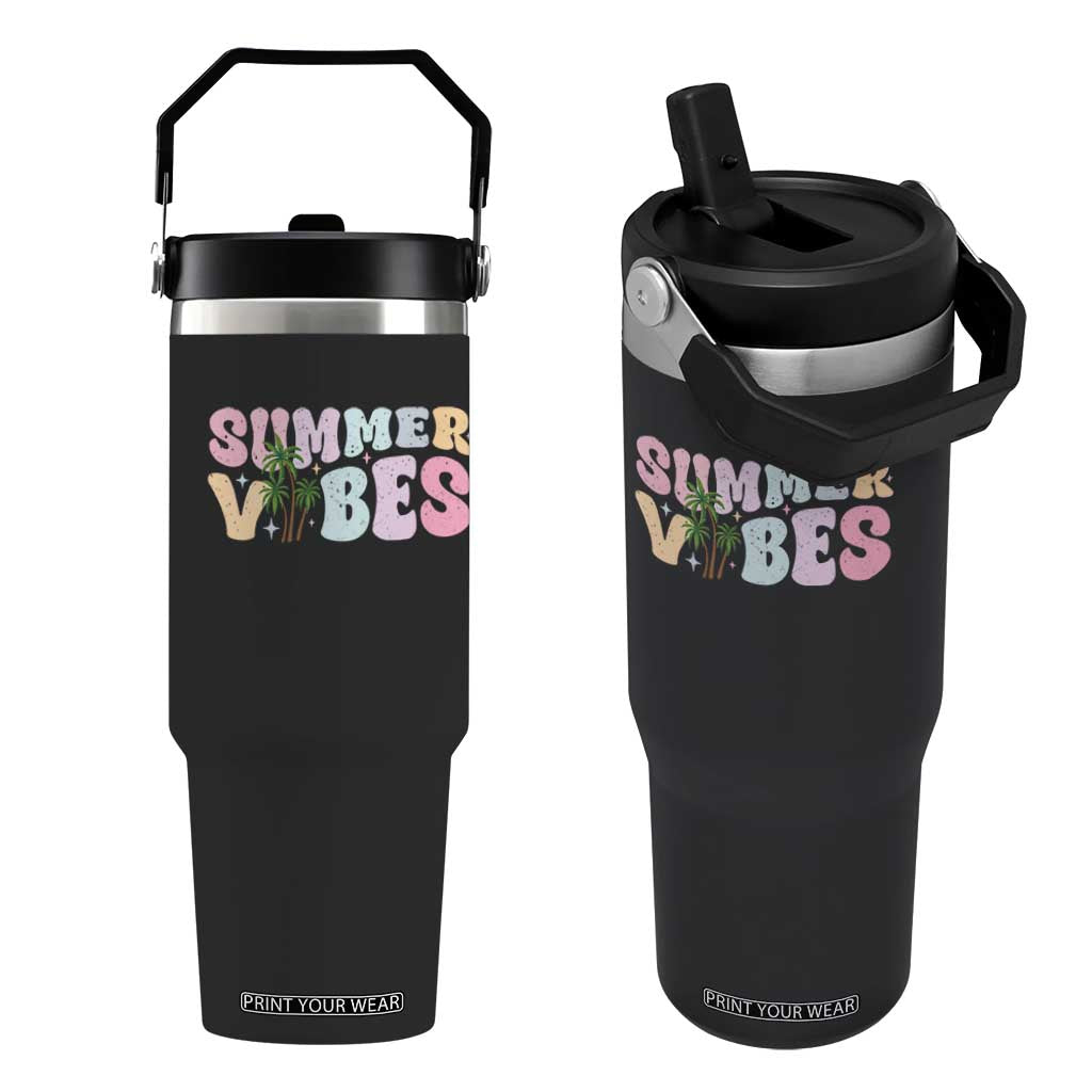 Summer Vibes Flip Straw Tumbler Beach Life Gift Distressed Beach Mom TS10 One Size: 30 oz Black Print Your Wear
